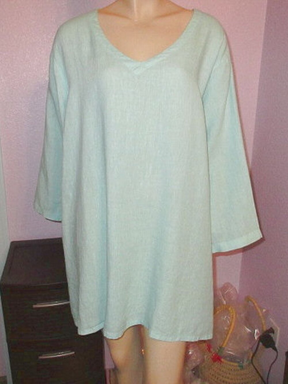 On The Plus Side by Making It Big Linen Blouse Top Size 2X Aqua Tunic Lagenlook